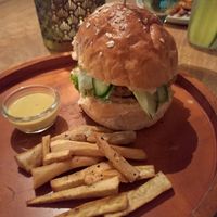 Chickpea Burger with fries at Koha Surf Cafe & Lounge in Unawatuna