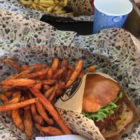 Vegan special burger and sweet potato fries at Shady Burgers in Lund