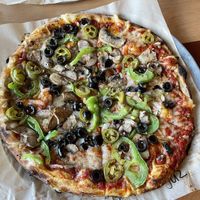 Vegan pizza with mushrooms, olives, green peppers and jalapeños  at Blaze Pizza in Lake Buena Vista