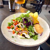 “Mirell’s Mexican” - the refried beans-type thing beneath was really tasty! at Mirells in Visby