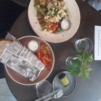 Greek salad, pesto sourdough panini and sweet dammsugare at Mirells in Visby