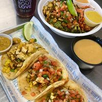 Vegan tacos, bowl, and queso at Taco Dirty in Tampa