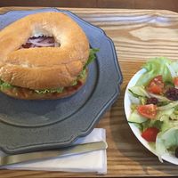 Hummus veggie bagel with salad at Storyhouse Cafe & Bar in Matsumoto