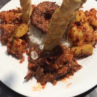 Potatoes, eggplant, and lentils at lunch at Sri Dhara Restaurant  in Unawatuna