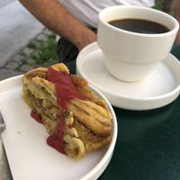 Coffee, pistachio knot   at Kafe Friedrich in Brno