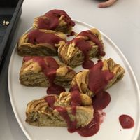 Pistachio knots with raspberry sauce   at Kafe Friedrich in Brno