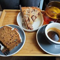Walnut loaf and plum cake with an espresso and mint tea at Kafe Friedrich in Brno
