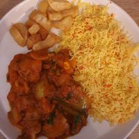 Vegetable Karai with rice and chips at Dilshad in Wilmslow