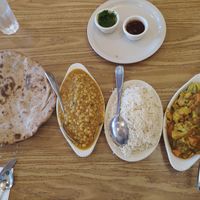 Chapati, dahl, white rice and vegetables curry at Café Raj in Albany
