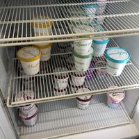 Fridge with takeout pints (all of these shown are vegan) at Van Leeuwen Ice Cream - Upper West Side in New York City