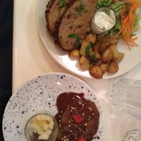 Mountain of pancakes (three) with warm chocolate sauce.
Croque Monsieur with sautéed leeks and slice of roasted sweet potato served with baby potatoes and homemade herb mayonnais at brEAThe Restaurant - Pigalle in Paris