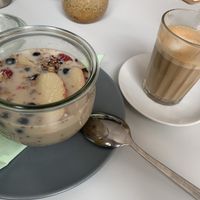 Vegan Muesli + Oat Milk Flat White at Mein Liebes Frollein in Leipzig