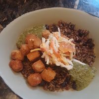Chili-Spiced Crispy Fried Tofu Bowl topped w/ Crunchy Vegetable Slaw & Boba Balls w/ Rice & Beans base & Charred Green Onion Vinaigrette at Walt Disney World - Satu'li Canteen in Lake Buena Vista