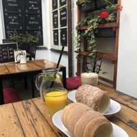 Snack! Traditional and Almond with OJ and Vegan latte!  at Waffle Point U Kajetana in Prague