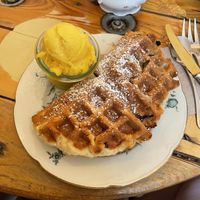 Monkey waffle and mango-maracuya sorbet  at Eisdielerin in Cologne
