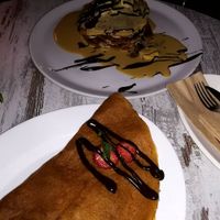 Pancakes with tahini, chocolate and banana, crepe with dark chocolate and strawberries at Hari's Creperie in Crete