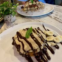 65. vegan + gluten-free pancakes: bitter chocolate, sesame paste(tahini) and banana. at Hari's Creperie in Crete
