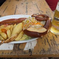 Great vegan currywurst, and vegan alcohol free beer in a lovely garden in the park! at Schleusenkrug in Berlin