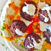 Vegan Falafel classic Hummus, Tahini and Chili Sauce at Hasiba in Los Angeles