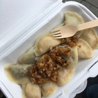 Pierogi with cabbage & mushrooms and lentils and another portion with apples, nuts & vanilla flavour. at Pierozak in Poznan