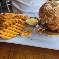 Smokin boss burger with waffle fries at O'cado in Sherman Oaks