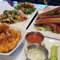 Potato tacos with salad, BLTA with fries & Buffalo Cauli (sauce in the side) Yum! at O'cado in Sherman Oaks