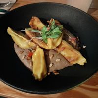 Toscana: agnolotti with cashew and black garlic velouté at Orteá - Vegan Collective in Lisbon