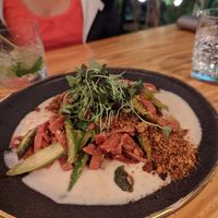 Declaraçào main (beet tagliatelle with asparagus and cheese trio fondue) at Orteá - Vegan Collective in Lisbon