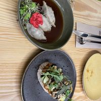 Gyoza and Geography Bruschetta starters  at Orteá - Vegan Collective in Lisbon