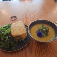 Oyster mushroom sandwich with veggie soup at Orteá - Vegan Collective in Lisbon