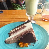 Brownie and passionfruit cake. So so good and not sickly at Orteá - Vegan Collective in Lisbon