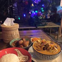 Masaman curry, rice and spring rolls at Christmas  at The Family Restaurant in Bangkok