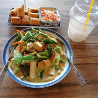 Vermicil rice noodle in green curry tofu n mixed veg. Side dish is spring roll. Drink is a fresh coconut at The Family Restaurant in Bangkok