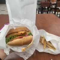 Buffalo Chikn Sandwich and Fries at Earth Burger in Bloomington