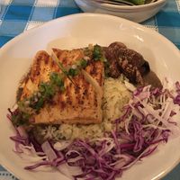 Tofu and rice bowl with potatoes and bean dip.   at Captain's Table in Terceira