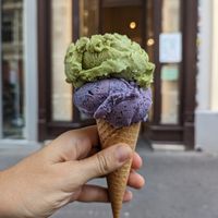 Lavender berry on the bottom, matcha on top at Veganista Ice Cream VI in Vienna