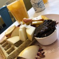 Waffle with fresh fruit and plumjam! at Cakester Cafe in Krakow