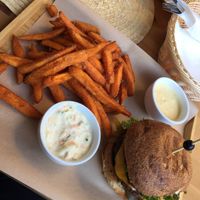 burger with sweet potato fries at VegGo Bistro in Zilina