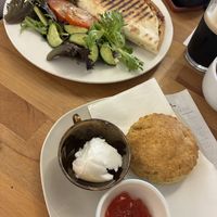 Refried beans quesadilla with side salad and a vegan scone   at Redwing Gallery in Penzance