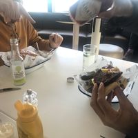 Burger with chips  at Gylly Beach Cafe in Falmouth