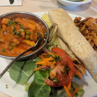 Madras Curry Full Meal Deal - comes with pakoras, rice, poori (bread), and salad at Baba's Indian Cuisine in Nelson