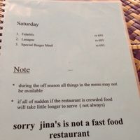 Jina's menu at Jina's in Unawatuna