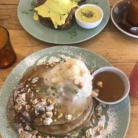 Bus off pancakes, ‘egg’ Benedict with bacon, avo and hollandaise   at Crux in Semaphore
