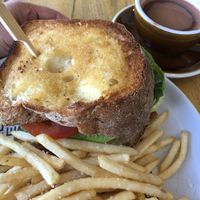 Oat hot chocolate and BLT with fries at Crux in Semaphore