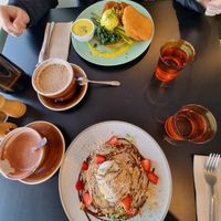 Front: S'Mores Pancakes, hot chocolate (sweet) Back: Benny with poached eggs and hash browns, chai tea at Crux in Semaphore