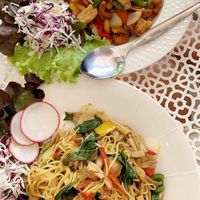 Cashew nut and spicy mushroom noodles at Freshtime in Chiang Mai