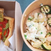 Take Out - Suffolk Tomato Tart w/ Homemade Pesto, with Griddled Courgette and Butter Bean Salad, and Potato & Spring Onion Salad at The Greenhouse Cafe in Felixstowe