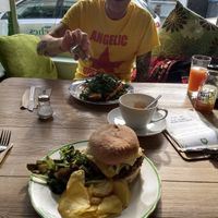 The Greenhouse burger with crisps and salad at The Greenhouse Cafe in Felixstowe