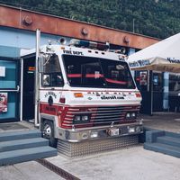 There is a fire truck built in the restaurant. at Oilers69 in Haiming