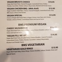 Vegan burger menu at Burgers N Shakes in Welland